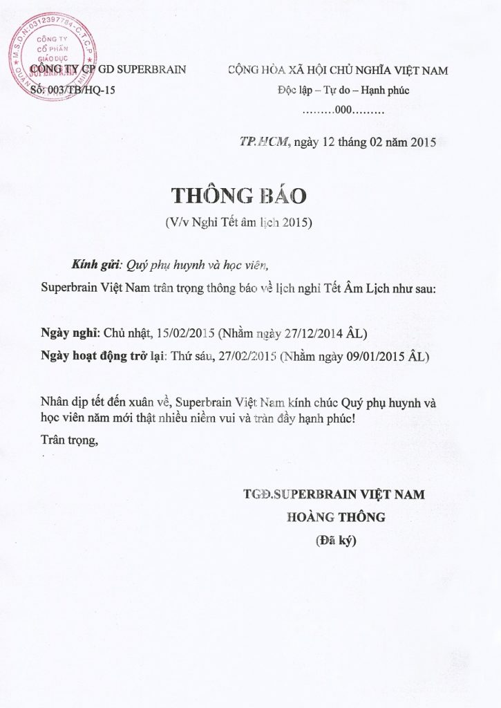 THÔNG BÁO LỊCH NGHỈ TẾT NGUYÊN ĐÁN NĂM 2015