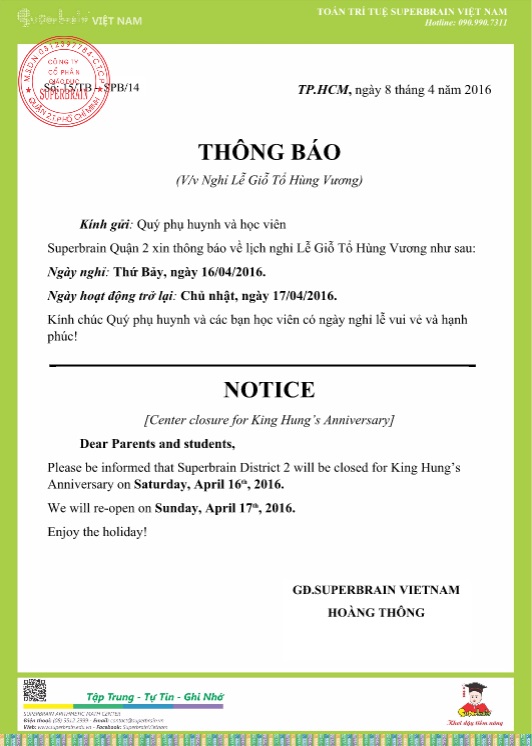 THÔNG BÁO LỊCH NGHỈ LỄ GIỖ TỔ HÙNG VƯƠNG NĂM 2016