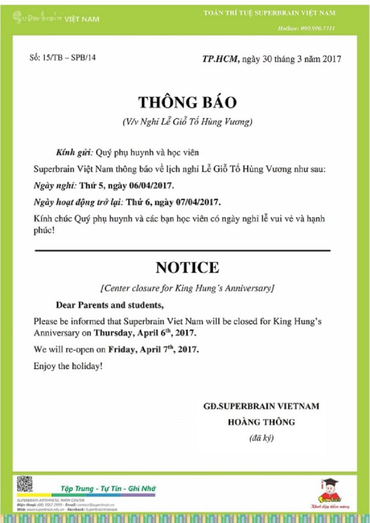 THÔNG BÁO LỊCH NGHỈ GIỖ TỔ HÙNG VƯƠNG 2017