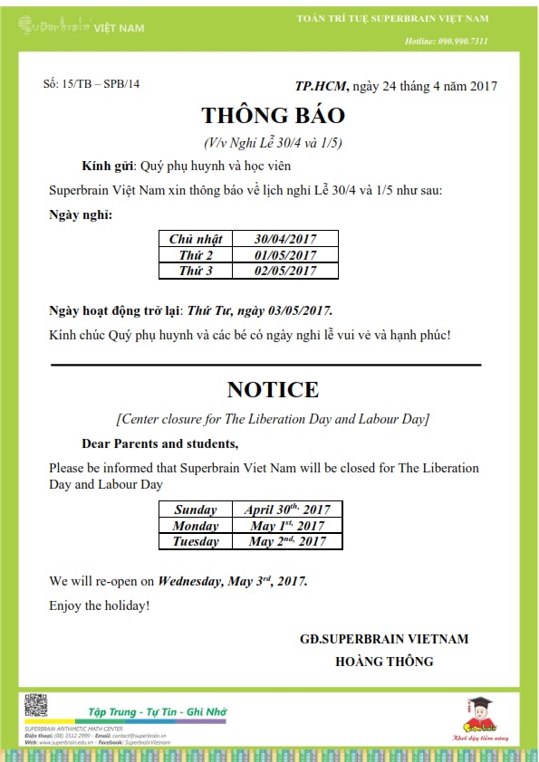 THÔNG BÁO LỊCH NGHỈ LỄ 30/4 VÀ 1/5 NĂM 2017