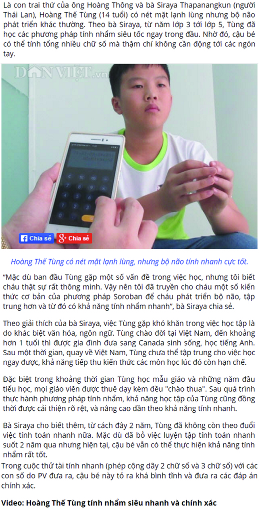 HOÀNG THẾ TÙNG TÍNH TOÁN CÙNG PHƯƠNG PHÁP TOÁN TRÍ TUỆ SUPERBRAIN