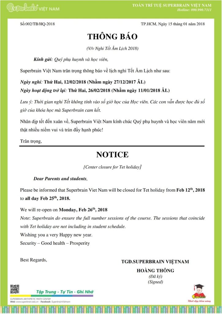 NGHỈ TẾT NGUYÊN ĐÁN NĂM 2018