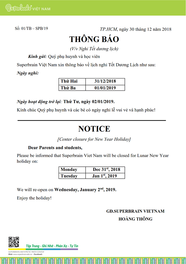 THÔNG BÁO LỊCH NGHỈ TẾT DƯƠNG LỊCH NĂM 2019