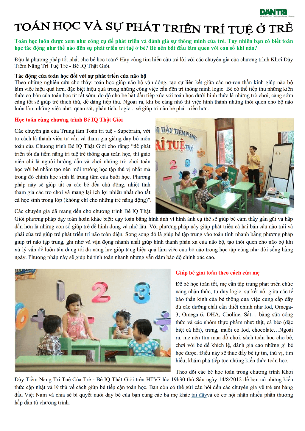 BÁO DÂN TRÍ ĐƯA TIN - TOÁN HỌC VÀ SỰ PHÁT TRIỂN TRÍ TUỆ Ở TRẺ