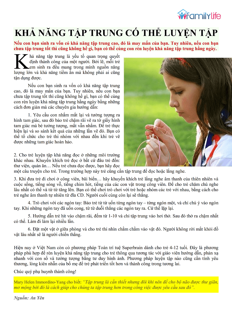 KHẢ NĂNG TẬP TRUNG CÓ THỂ LUYỆN TẬP – BÁO FAMILY LIFE