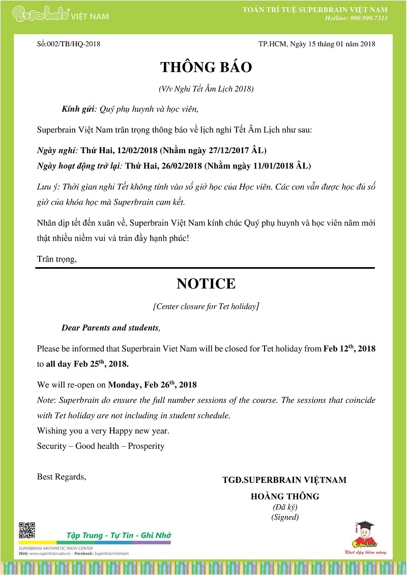 THÔNG BÁO LỊCH NGHỈ TẾT NGUYÊN ĐÁN NĂM 2018