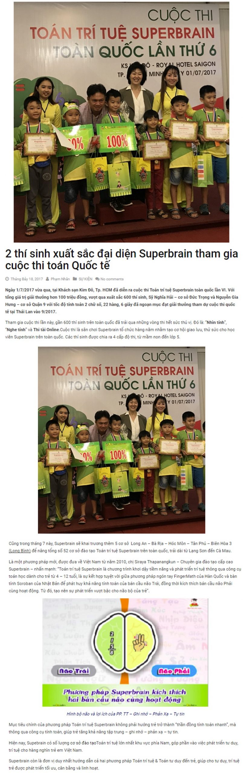 Báo Doanh nhân Văn hóa Việt Nam đưa tin Cuộc thi Toán Trí tuệ Superbrain 2017