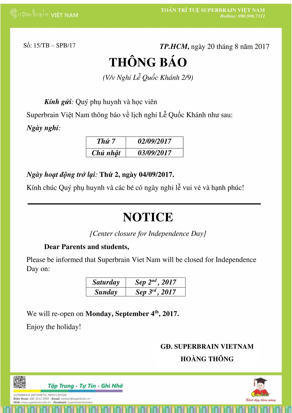 THÔNG BÁO LỊCH NGHỈ LỄ QUỐC KHÁNH 2/9 NĂM 2018