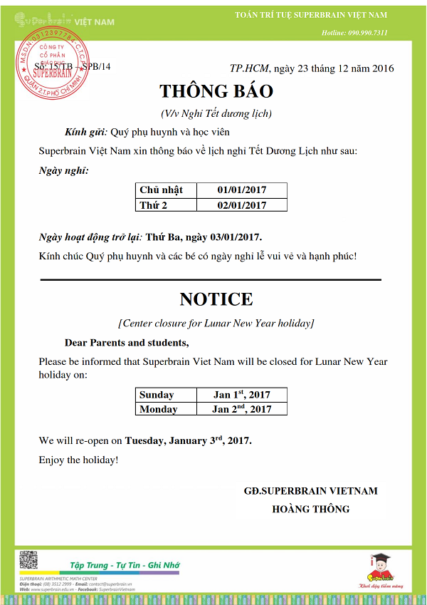TOÁN TRÍ TUỆ SUPERBRAIN - THÔNG BÁO NGHỈ TẾT DƯƠNG LỊCH 2017
