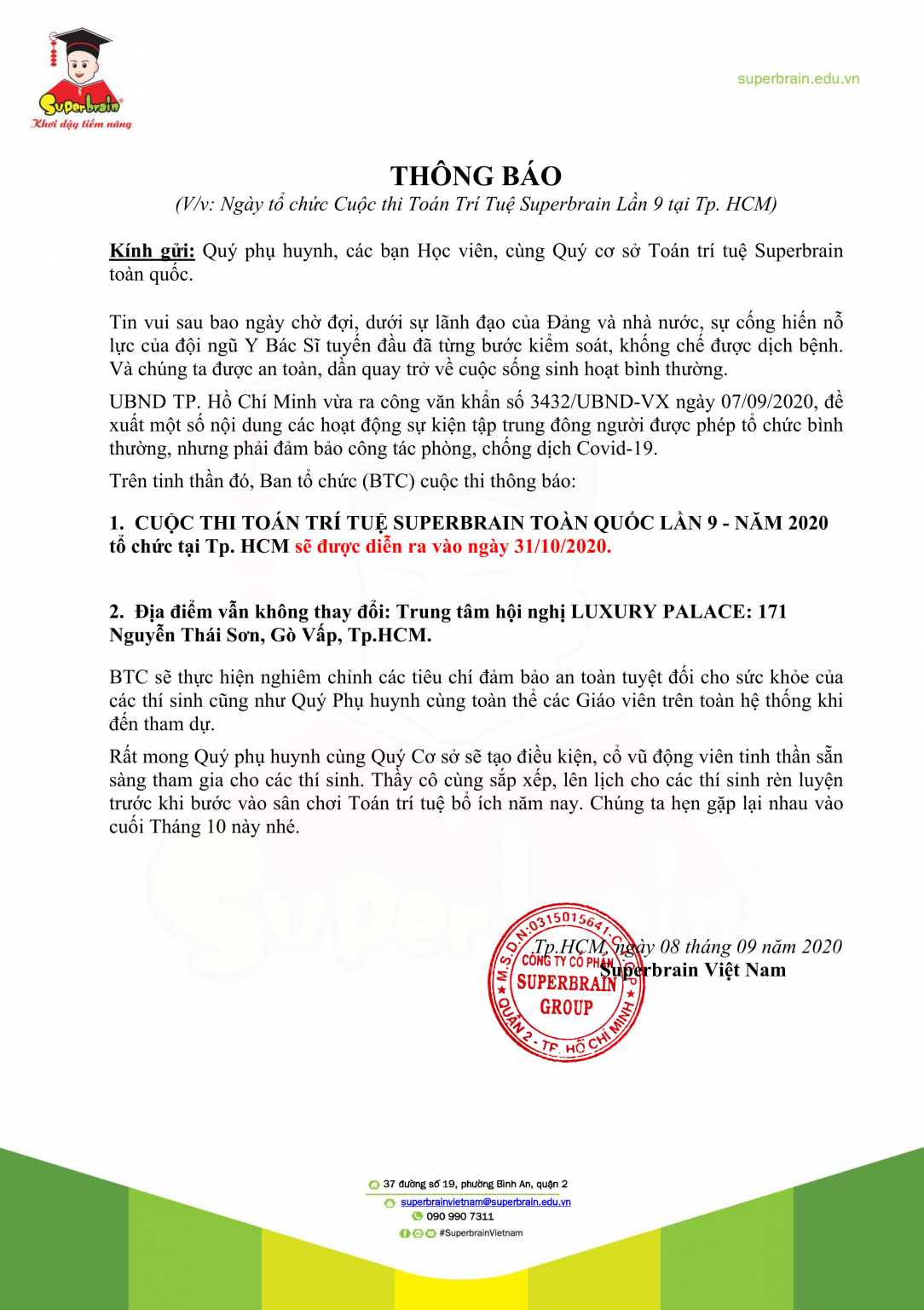 THÔNG BÁO CUỘC THI TOÁN TRÍ TUỆ SUPERBRAIN TOÀN QUỐC LẦN 9 – TP.HỒ CHÍ MINH