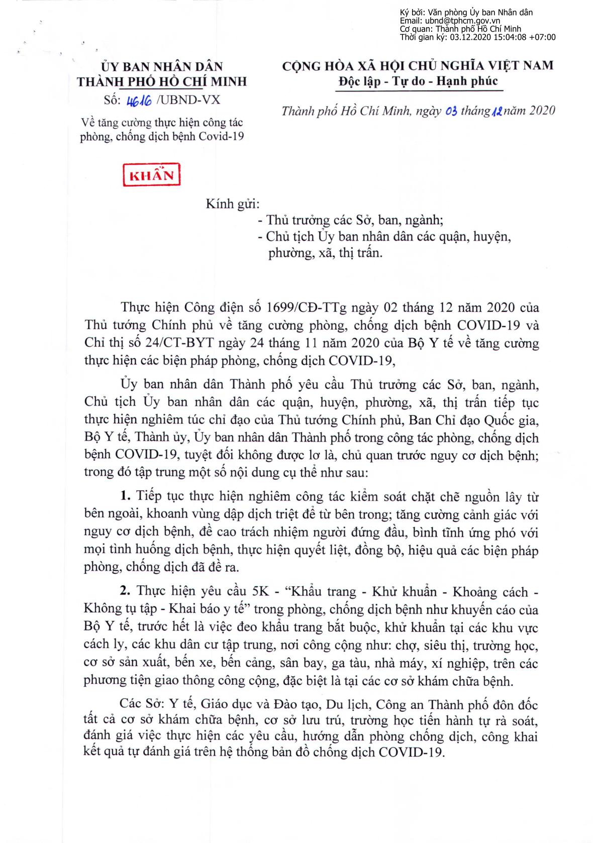 Công văn về việc tăng cường thực hiện, phòng chống dịch bệnh COVID-19 từ ỦY BAN NHÂN DÂN TPHCM